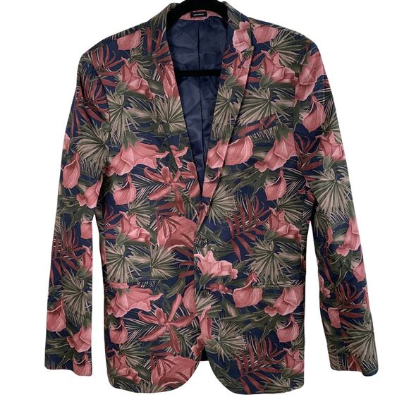 JF J. Ferrar 40R Mens Slim Fit Sport Coat Jacket Blazer Rose Red Tropical Floral - Picture 1 of 10